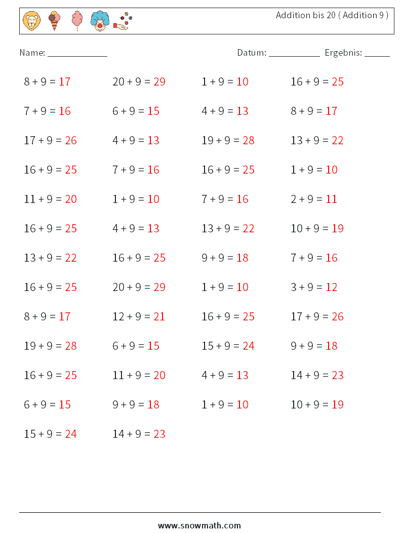 (50) Addition bis 20 ( Addition 9 ) Mathe-Arbeitsblätter 2 Frage, Antwort