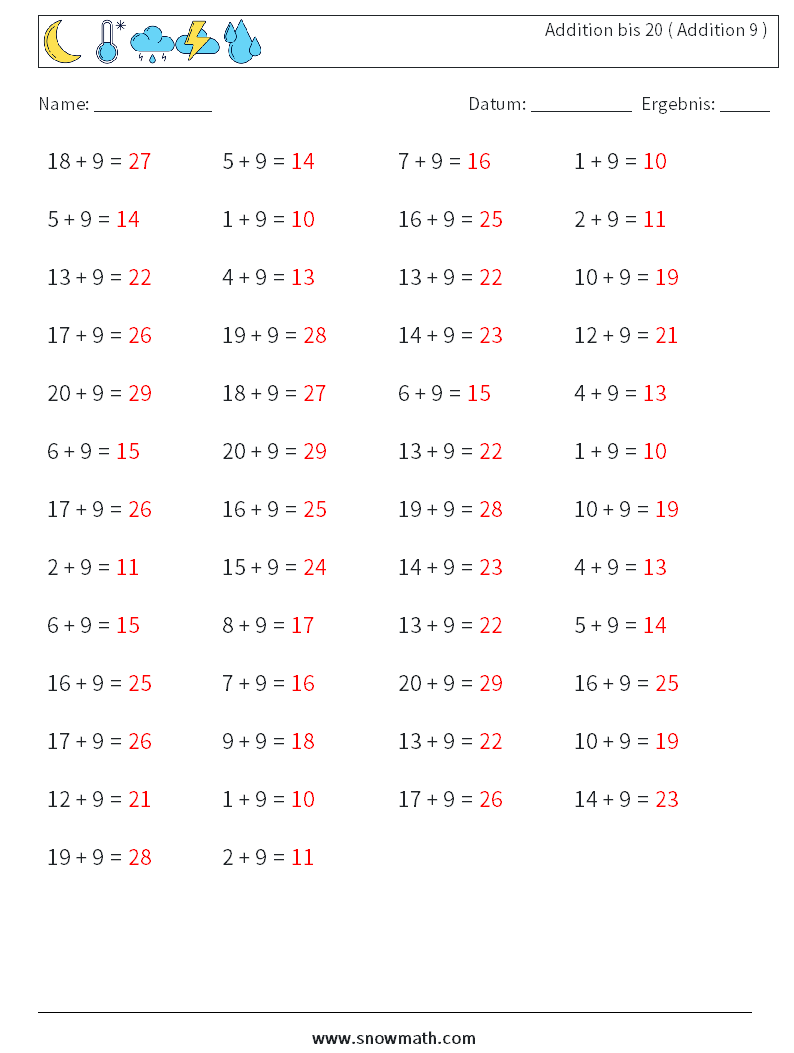 (50) Addition bis 20 ( Addition 9 ) Mathe-Arbeitsblätter 3 Frage, Antwort