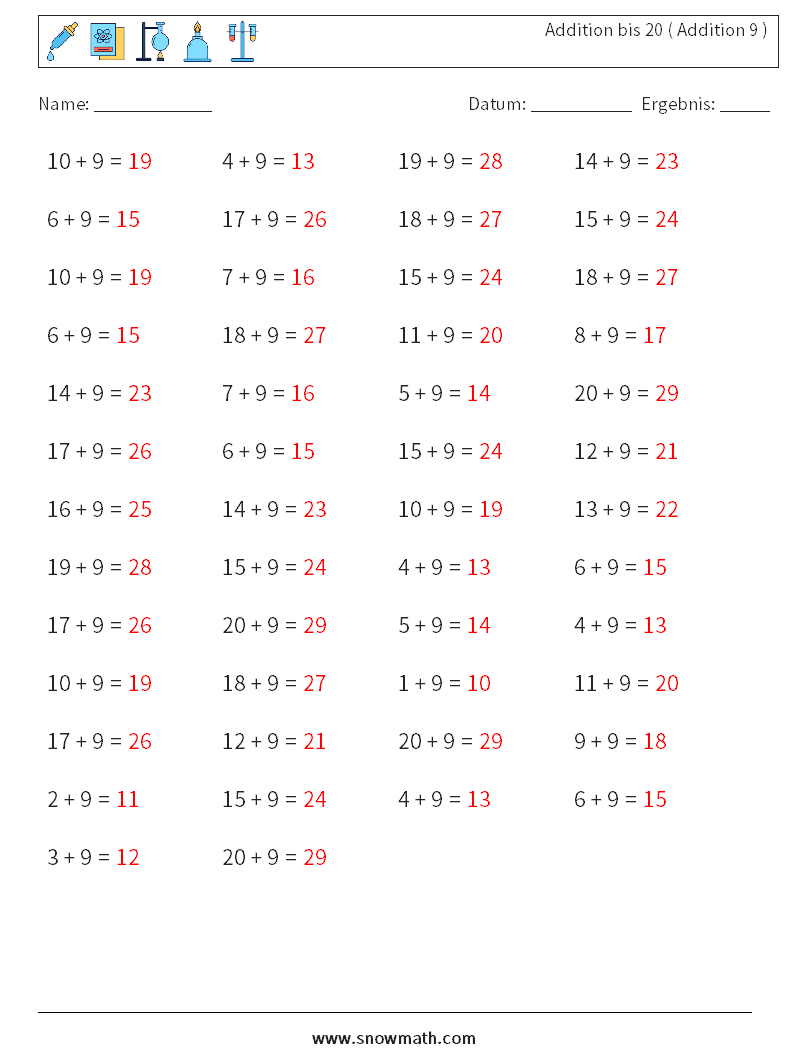 (50) Addition bis 20 ( Addition 9 ) Mathe-Arbeitsblätter 4 Frage, Antwort