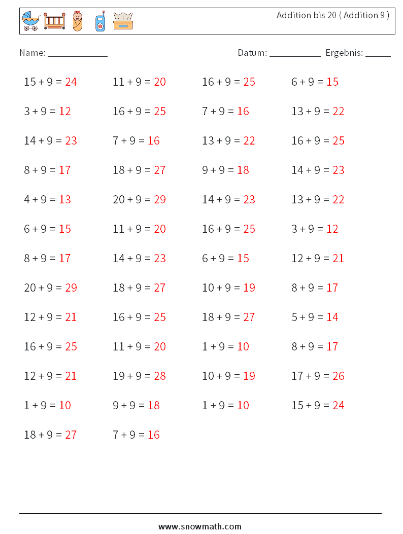 (50) Addition bis 20 ( Addition 9 ) Mathe-Arbeitsblätter 7 Frage, Antwort