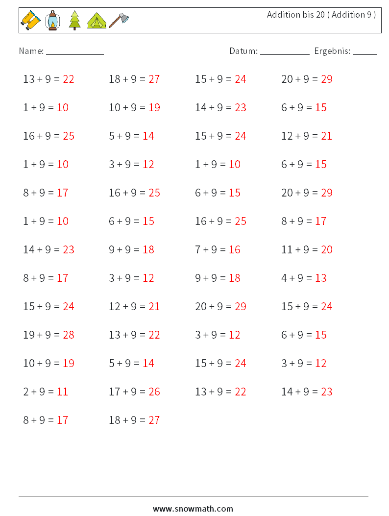 (50) Addition bis 20 ( Addition 9 ) Mathe-Arbeitsblätter 8 Frage, Antwort