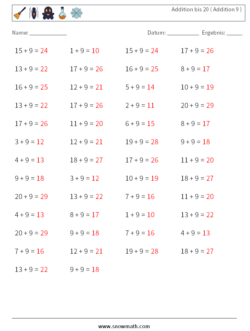 (50) Addition bis 20 ( Addition 9 ) Mathe-Arbeitsblätter 9 Frage, Antwort