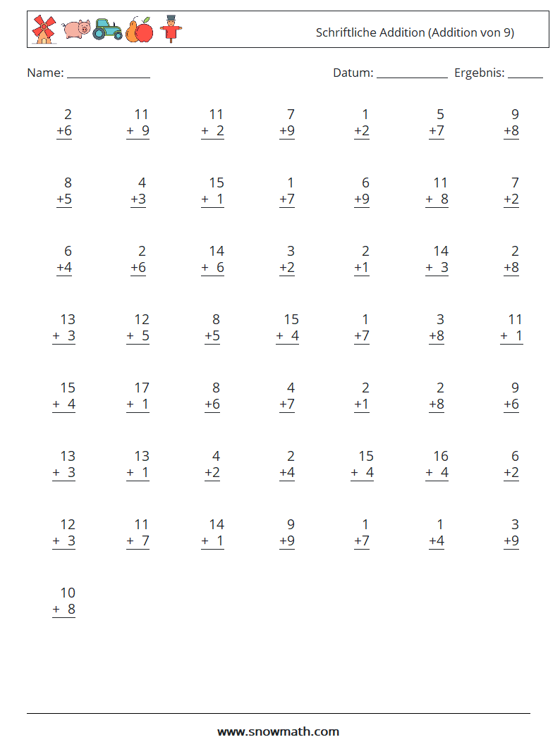 (50) Schriftliche Addition (Addition von 9)