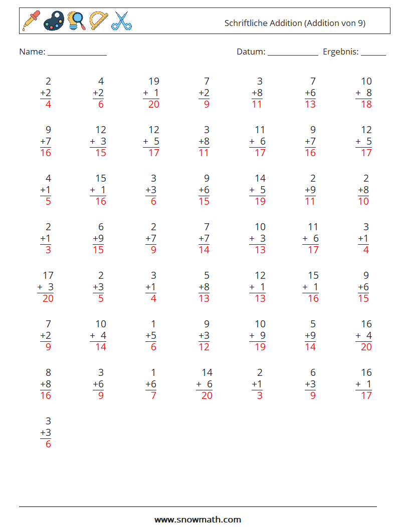 (50) Schriftliche Addition (Addition von 9) Mathe-Arbeitsblätter 10 Frage, Antwort