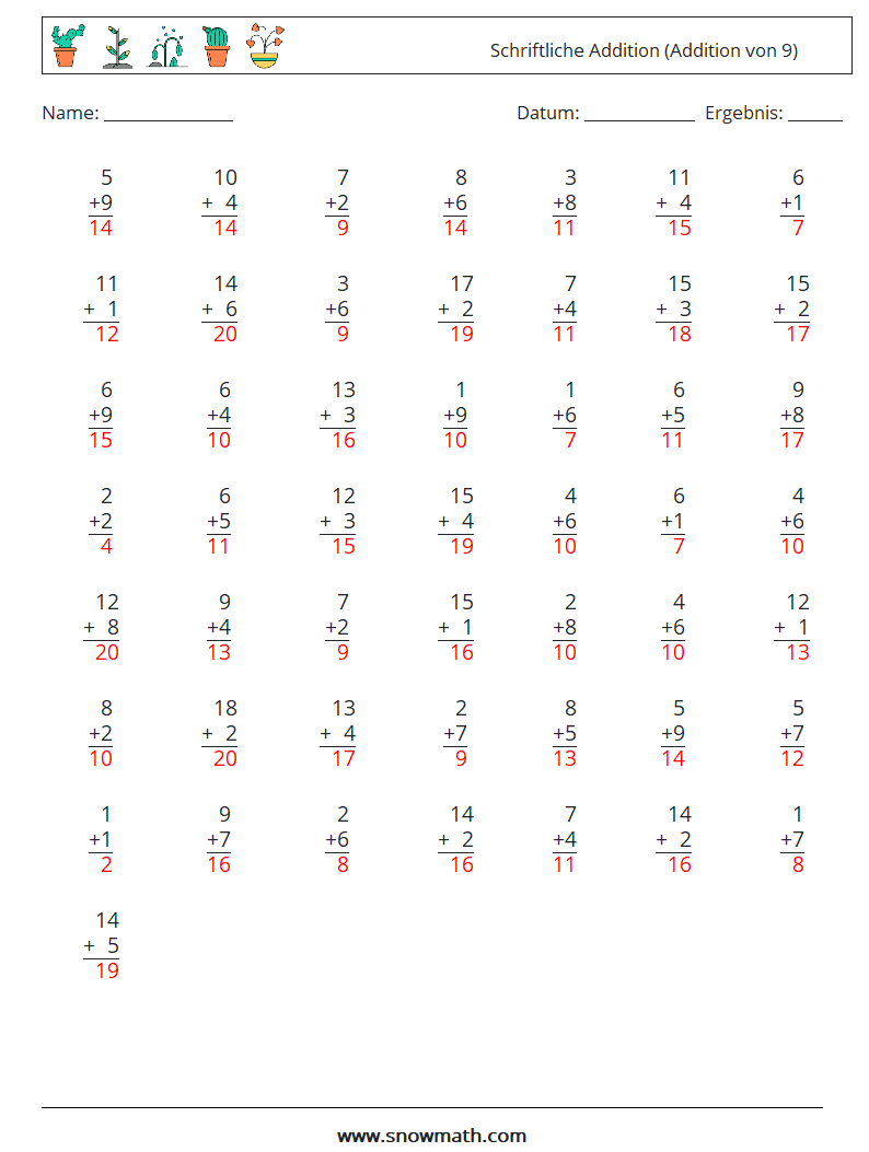 (50) Schriftliche Addition (Addition von 9) Mathe-Arbeitsblätter 12 Frage, Antwort