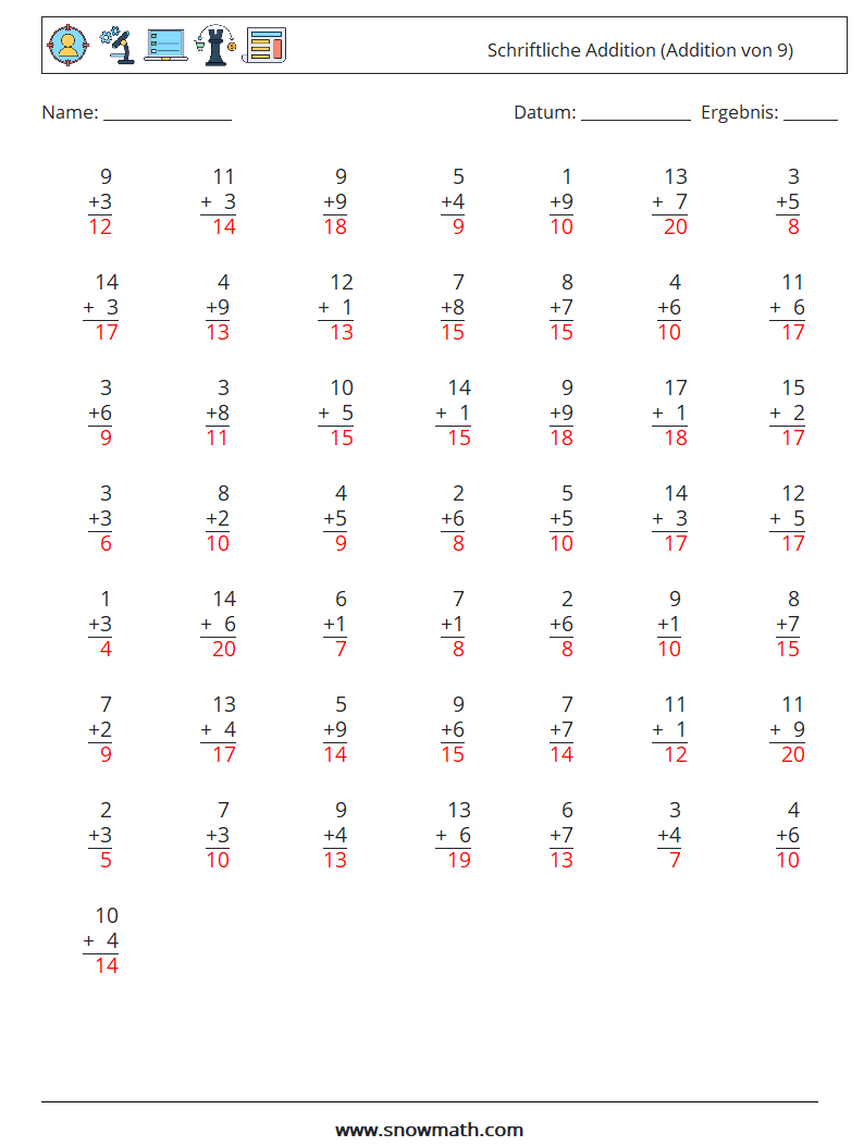 (50) Schriftliche Addition (Addition von 9) Mathe-Arbeitsblätter 13 Frage, Antwort