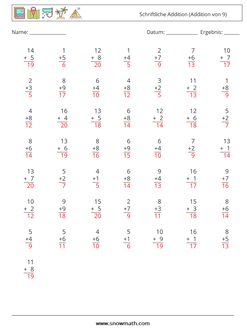 (50) Schriftliche Addition (Addition von 9) Mathe-Arbeitsblätter 14 Frage, Antwort