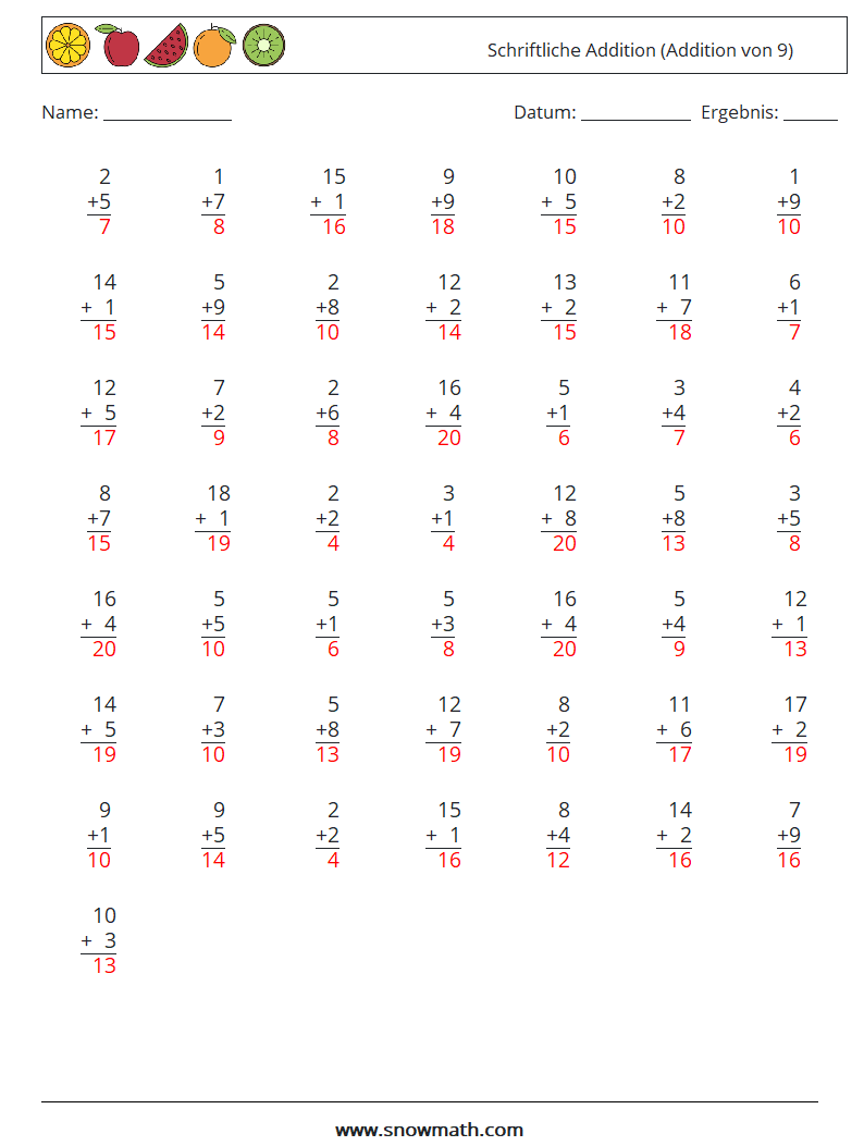 (50) Schriftliche Addition (Addition von 9) Mathe-Arbeitsblätter 15 Frage, Antwort