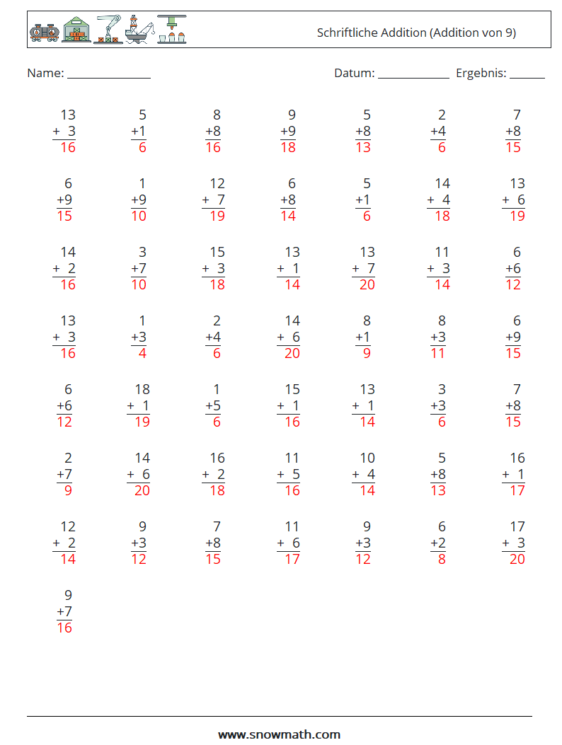 (50) Schriftliche Addition (Addition von 9) Mathe-Arbeitsblätter 16 Frage, Antwort