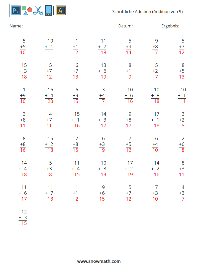 (50) Schriftliche Addition (Addition von 9) Mathe-Arbeitsblätter 17 Frage, Antwort