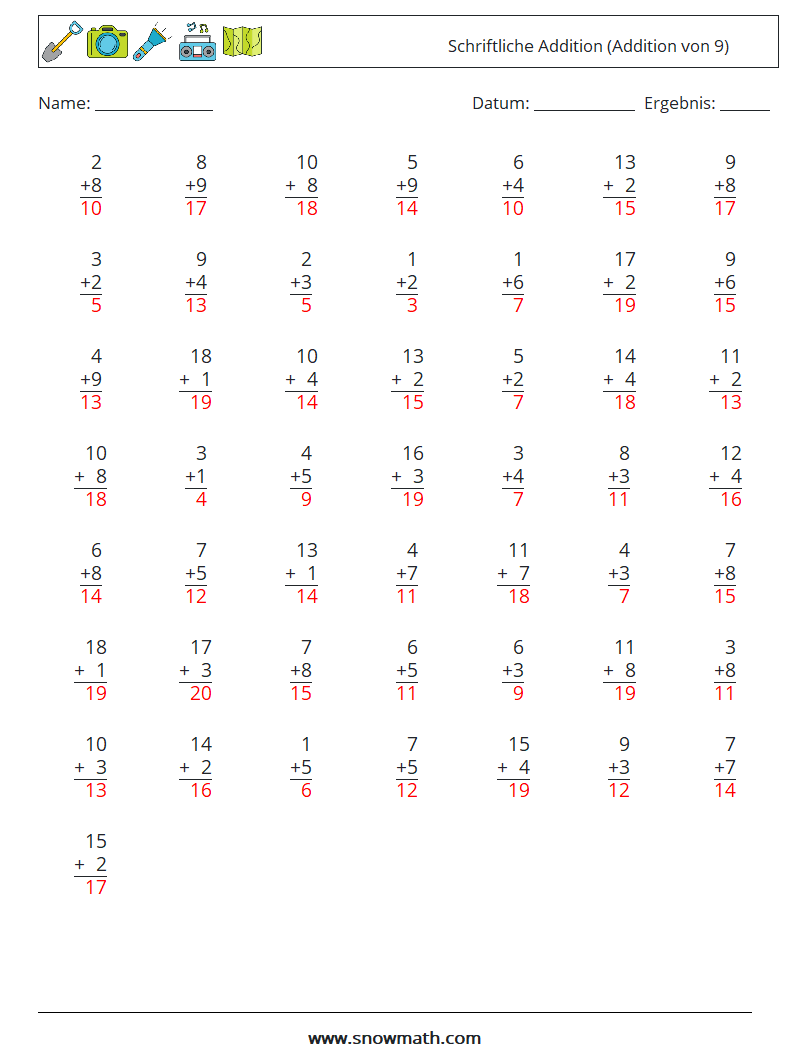 (50) Schriftliche Addition (Addition von 9) Mathe-Arbeitsblätter 18 Frage, Antwort