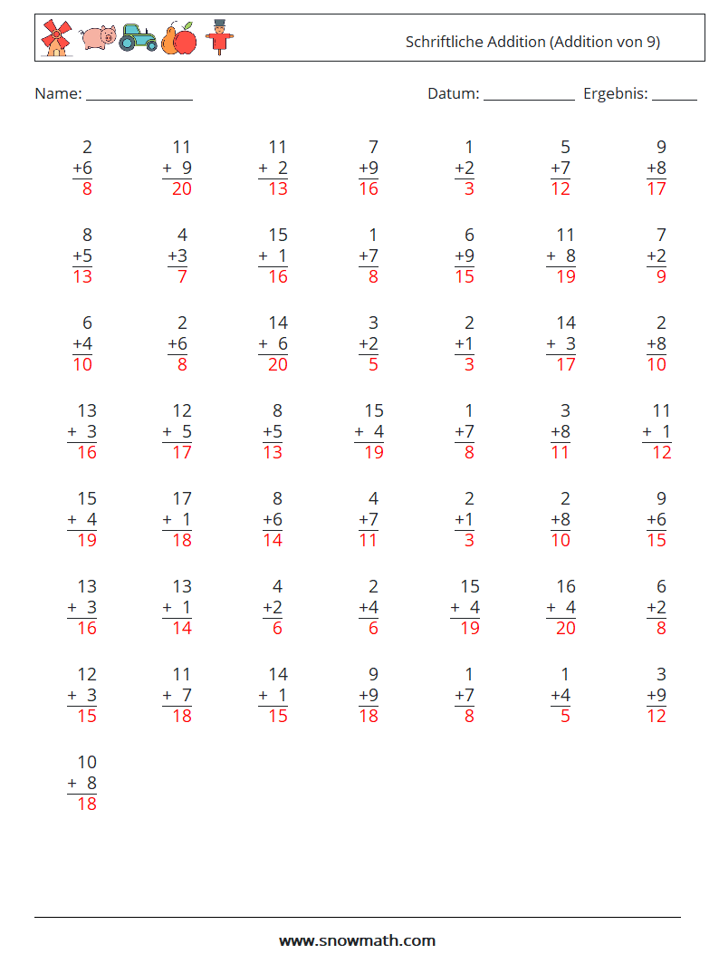 (50) Schriftliche Addition (Addition von 9) Mathe-Arbeitsblätter 1 Frage, Antwort