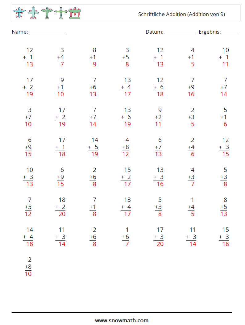 (50) Schriftliche Addition (Addition von 9) Mathe-Arbeitsblätter 2 Frage, Antwort