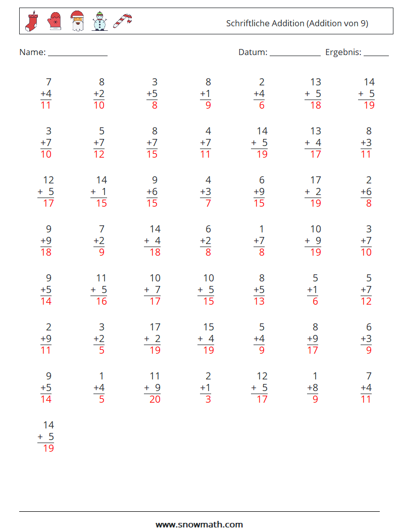 (50) Schriftliche Addition (Addition von 9) Mathe-Arbeitsblätter 4 Frage, Antwort