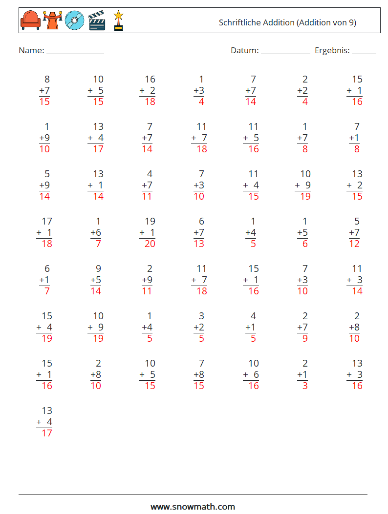 (50) Schriftliche Addition (Addition von 9) Mathe-Arbeitsblätter 5 Frage, Antwort