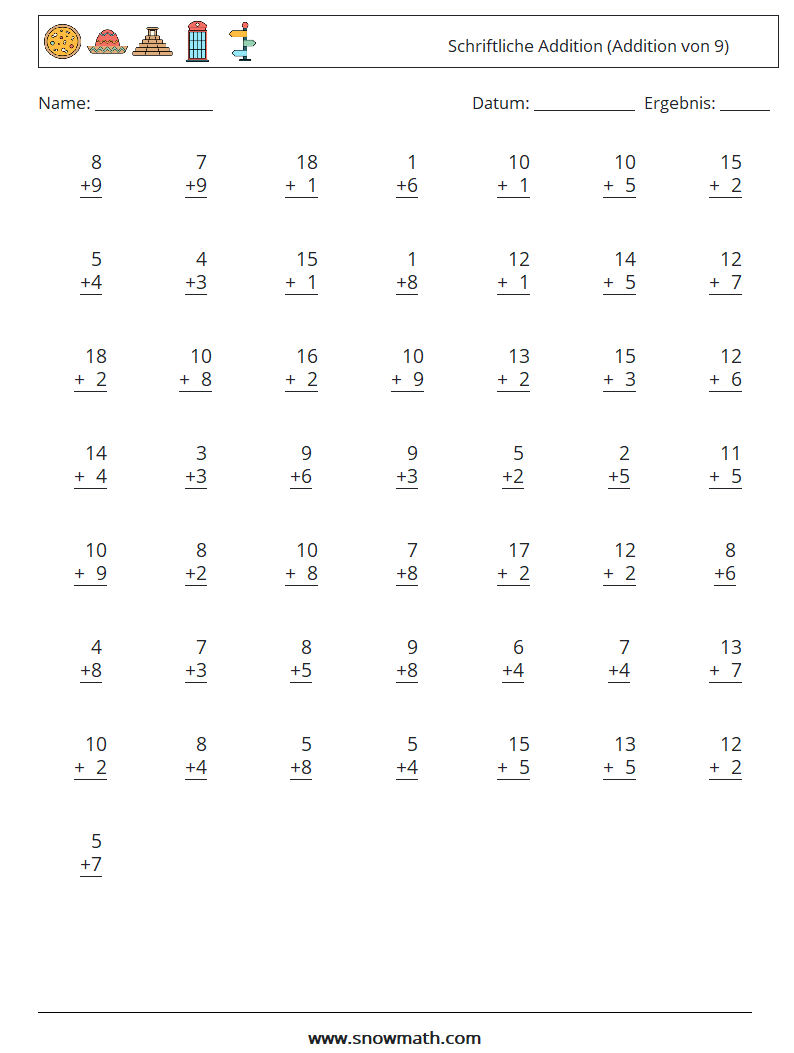 (50) Schriftliche Addition (Addition von 9) Mathe-Arbeitsblätter 6