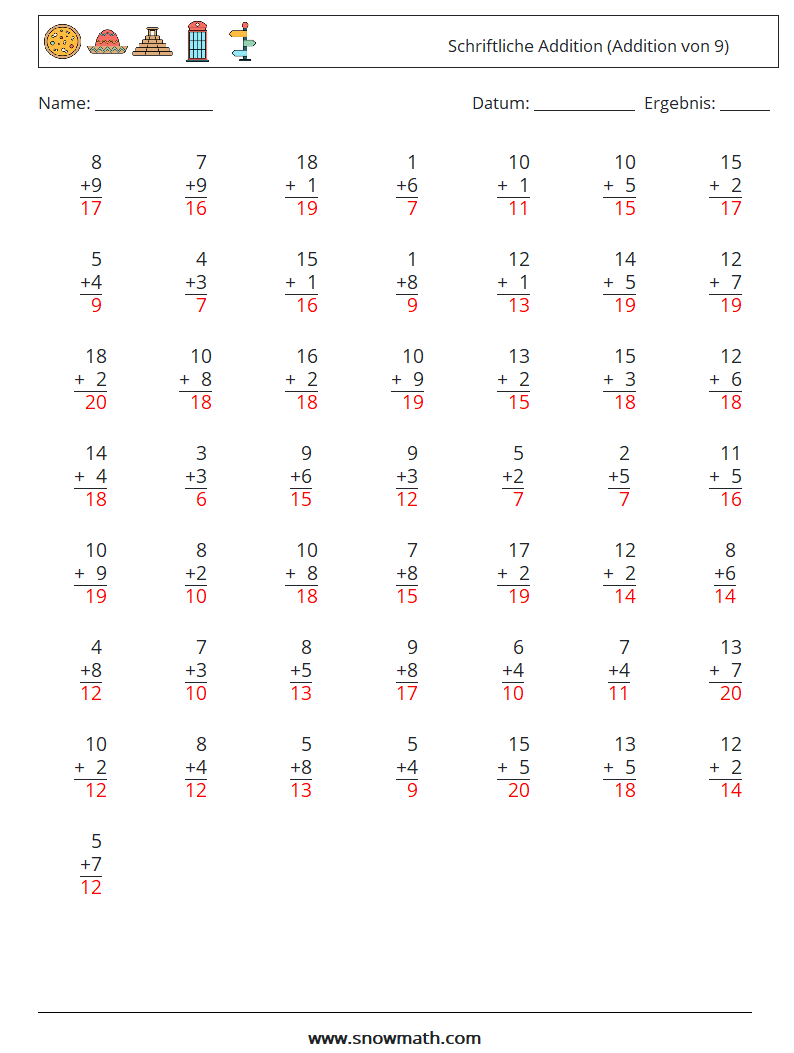 (50) Schriftliche Addition (Addition von 9) Mathe-Arbeitsblätter 6 Frage, Antwort