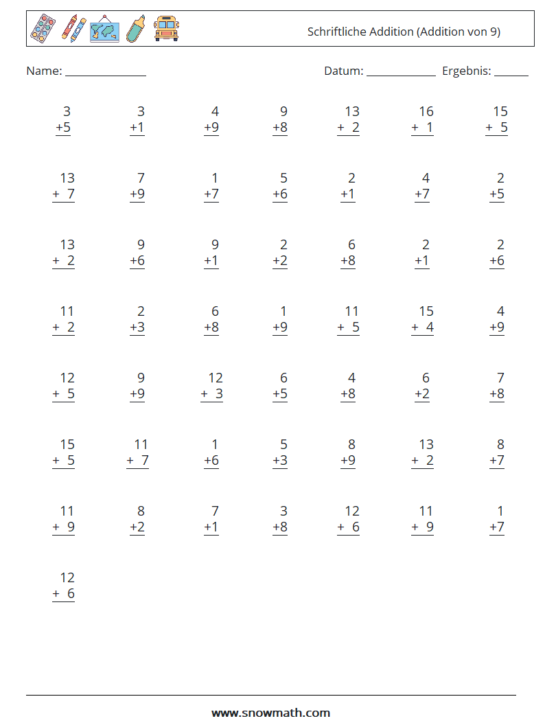 (50) Schriftliche Addition (Addition von 9) Mathe-Arbeitsblätter 7