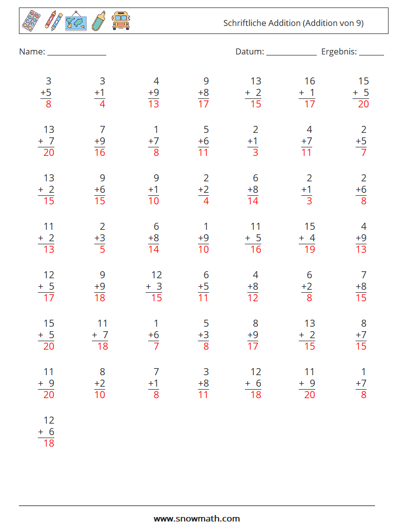 (50) Schriftliche Addition (Addition von 9) Mathe-Arbeitsblätter 7 Frage, Antwort