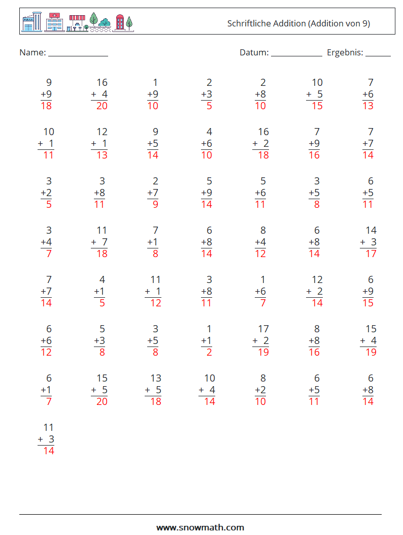 (50) Schriftliche Addition (Addition von 9) Mathe-Arbeitsblätter 8 Frage, Antwort