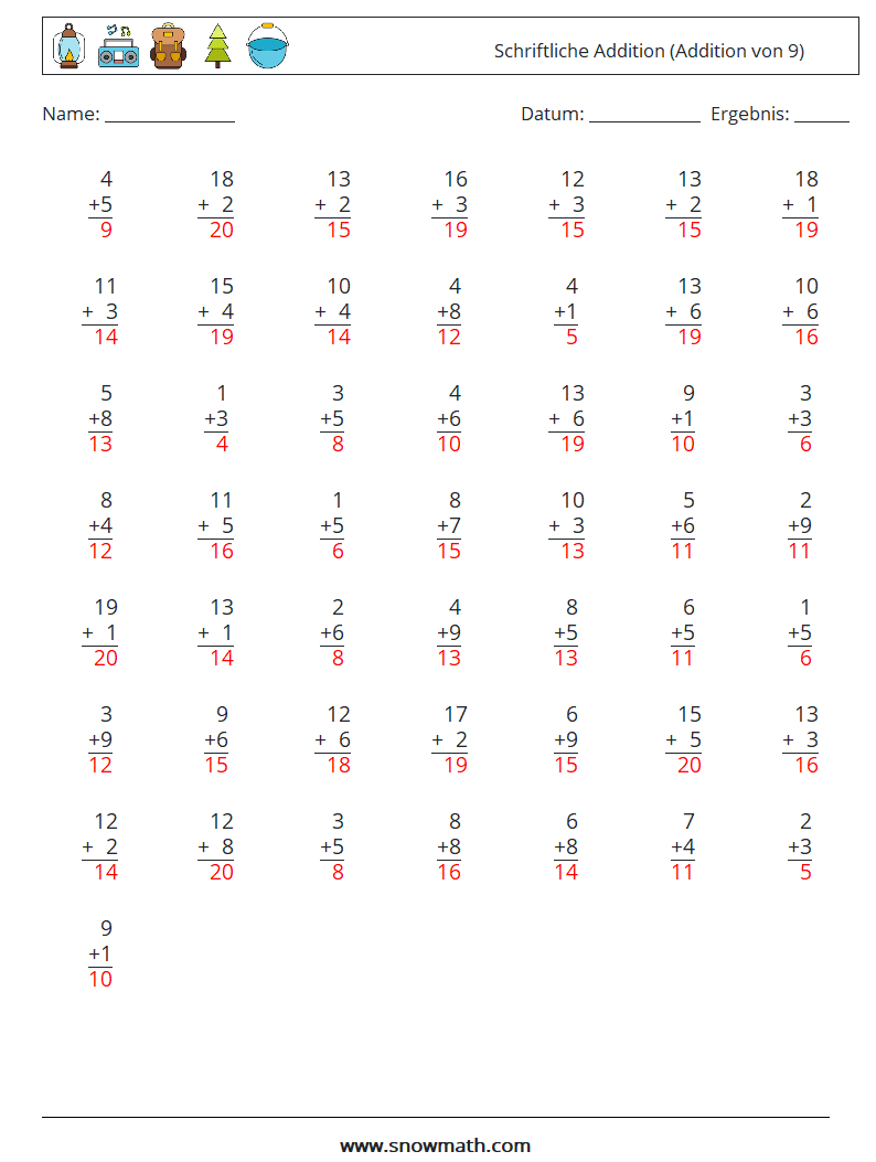 (50) Schriftliche Addition (Addition von 9) Mathe-Arbeitsblätter 9 Frage, Antwort