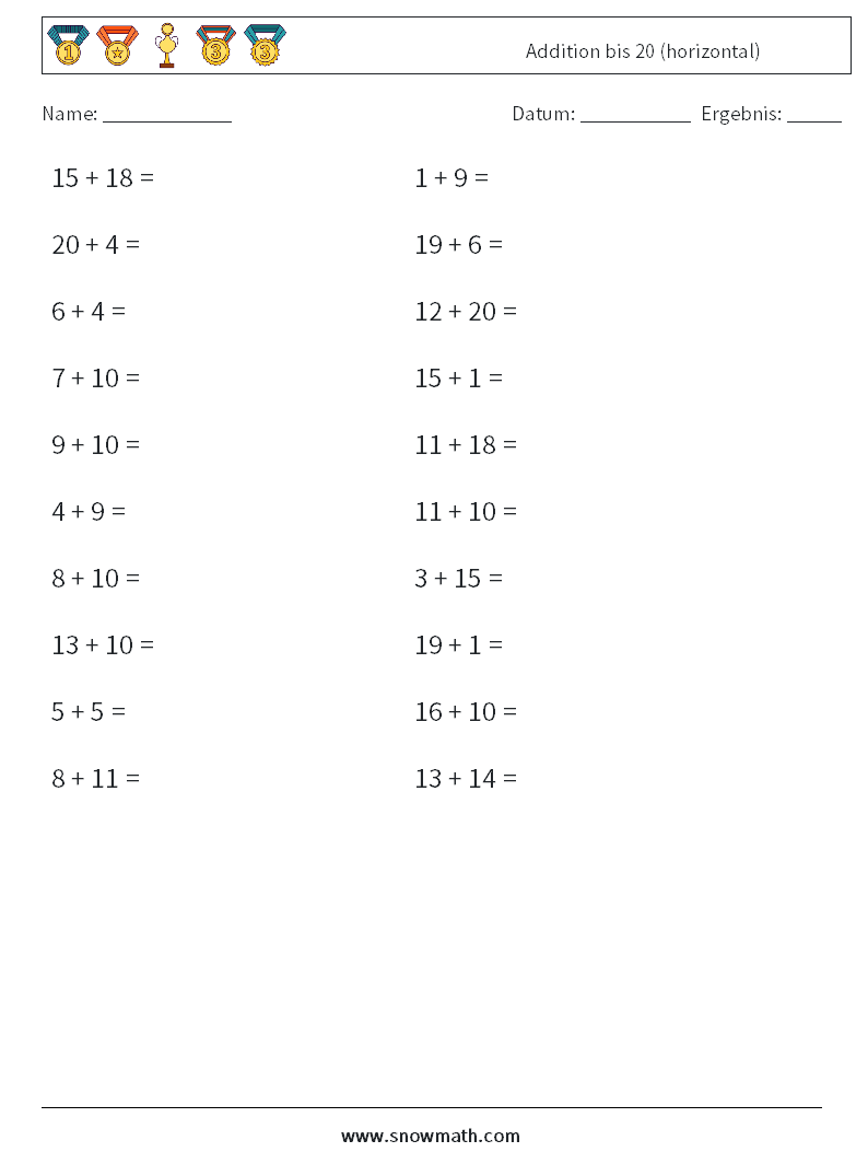 (20) Addition bis 20 (horizontal) Mathe-Arbeitsblätter 1