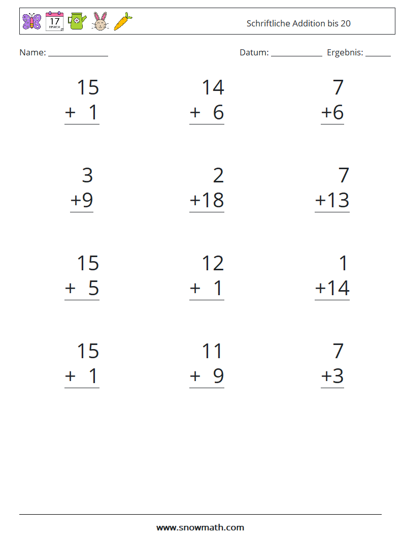 (12) Schriftliche Addition bis 20 Mathe-Arbeitsblätter 10