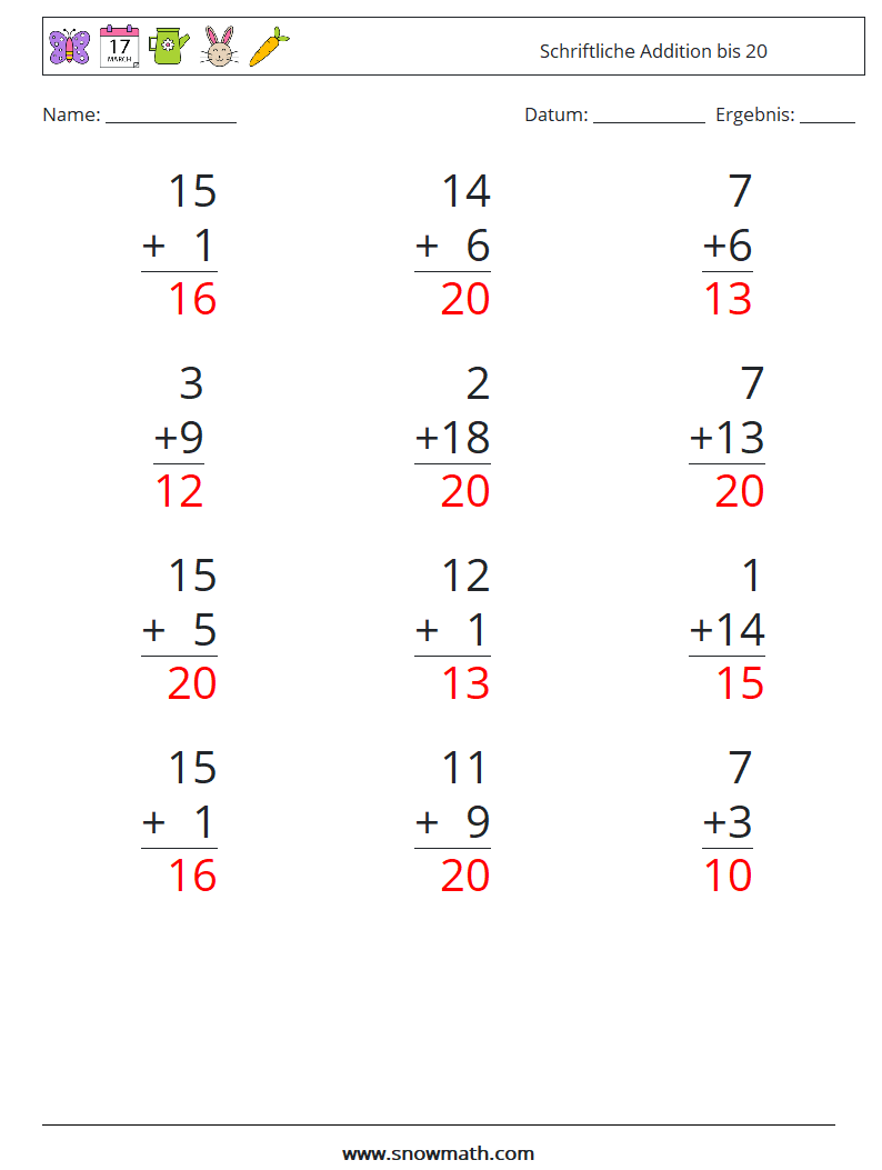 (12) Schriftliche Addition bis 20 Mathe-Arbeitsblätter 10 Frage, Antwort