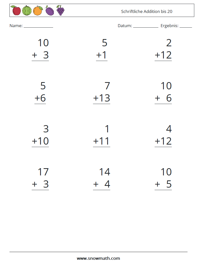 (12) Schriftliche Addition bis 20 Mathe-Arbeitsblätter 11