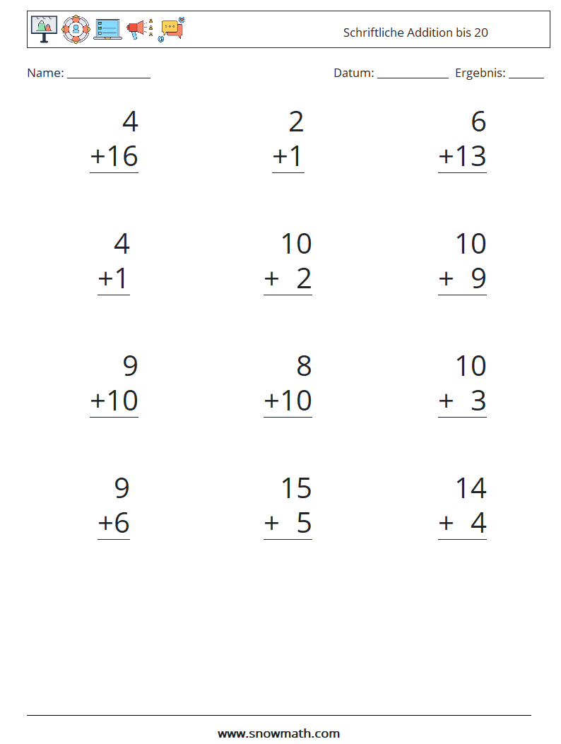 (12) Schriftliche Addition bis 20 Mathe-Arbeitsblätter 12