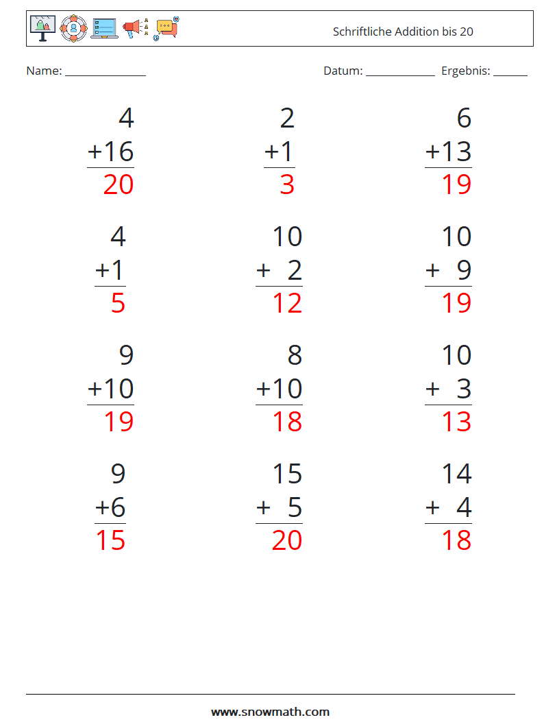 (12) Schriftliche Addition bis 20 Mathe-Arbeitsblätter 12 Frage, Antwort