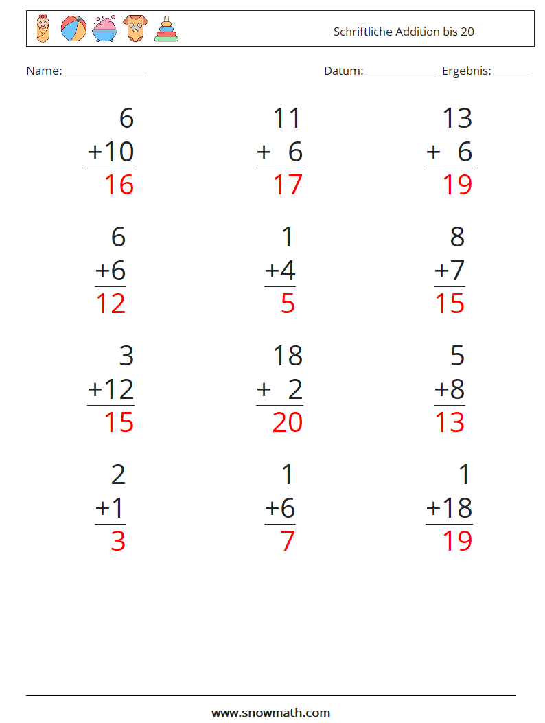 (12) Schriftliche Addition bis 20 Mathe-Arbeitsblätter 14 Frage, Antwort