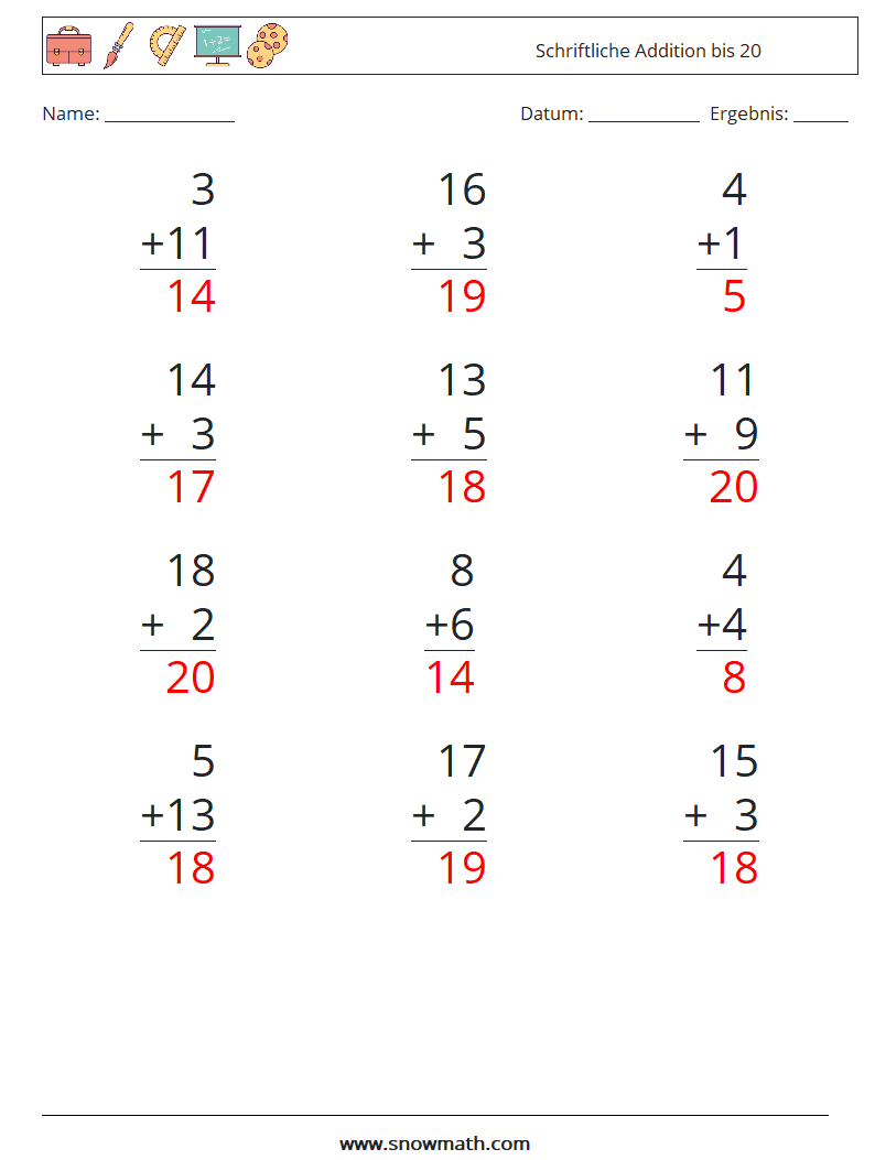 (12) Schriftliche Addition bis 20 Mathe-Arbeitsblätter 15 Frage, Antwort