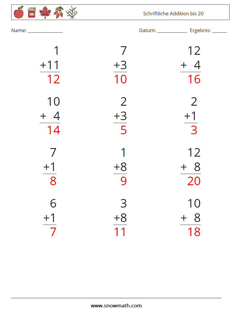 (12) Schriftliche Addition bis 20 Mathe-Arbeitsblätter 16 Frage, Antwort