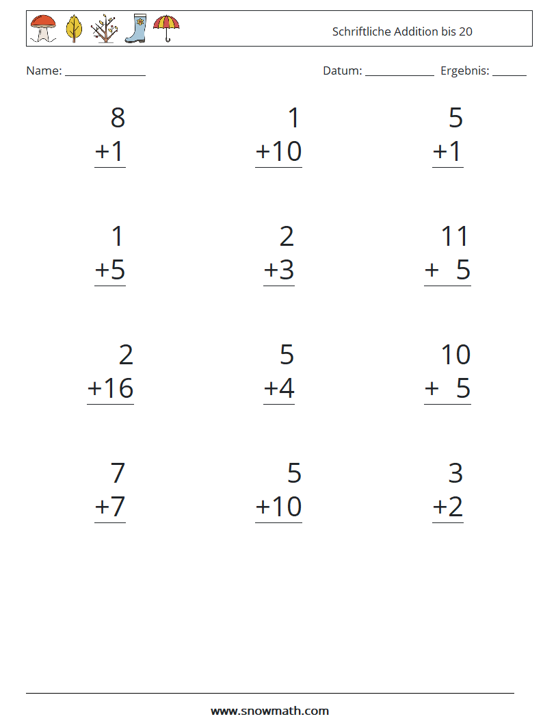 (12) Schriftliche Addition bis 20 Mathe-Arbeitsblätter 17