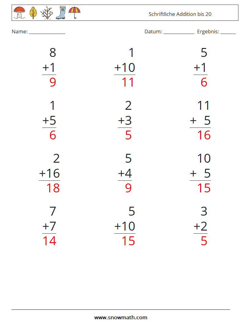 (12) Schriftliche Addition bis 20 Mathe-Arbeitsblätter 17 Frage, Antwort