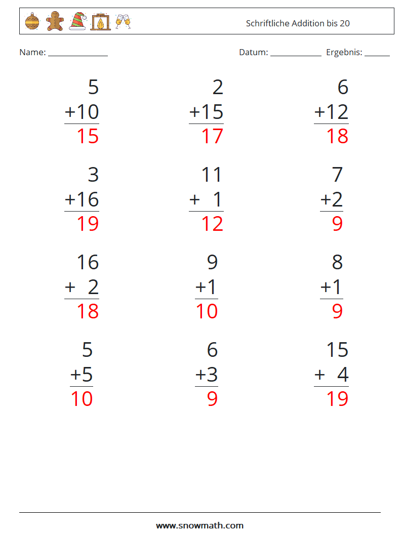 (12) Schriftliche Addition bis 20 Mathe-Arbeitsblätter 18 Frage, Antwort