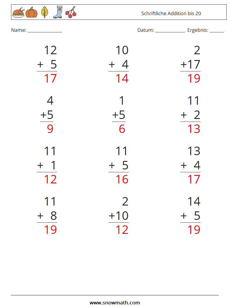 (12) Schriftliche Addition bis 20 Mathe-Arbeitsblätter 1 Frage, Antwort