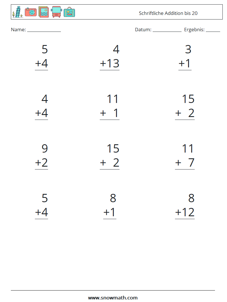 (12) Schriftliche Addition bis 20 Mathe-Arbeitsblätter 2