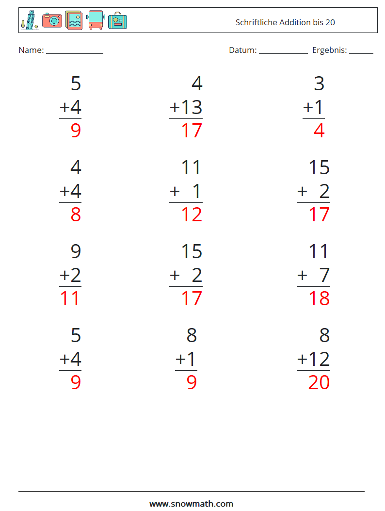 (12) Schriftliche Addition bis 20 Mathe-Arbeitsblätter 2 Frage, Antwort