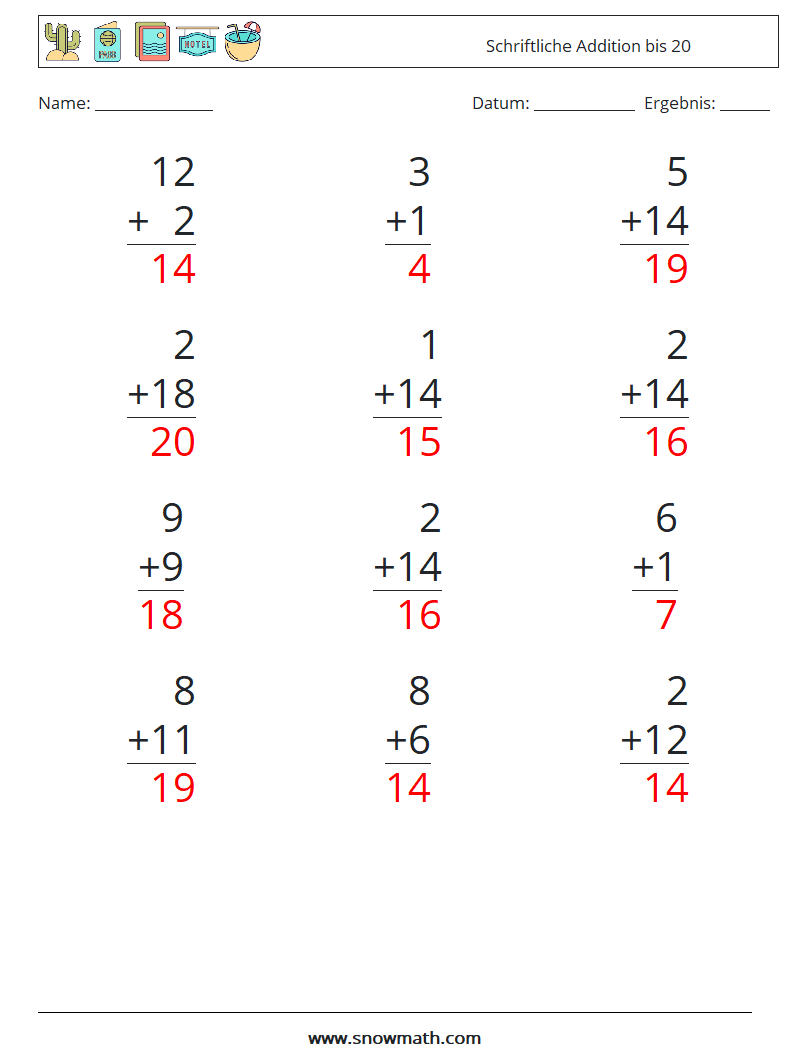 (12) Schriftliche Addition bis 20 Mathe-Arbeitsblätter 3 Frage, Antwort
