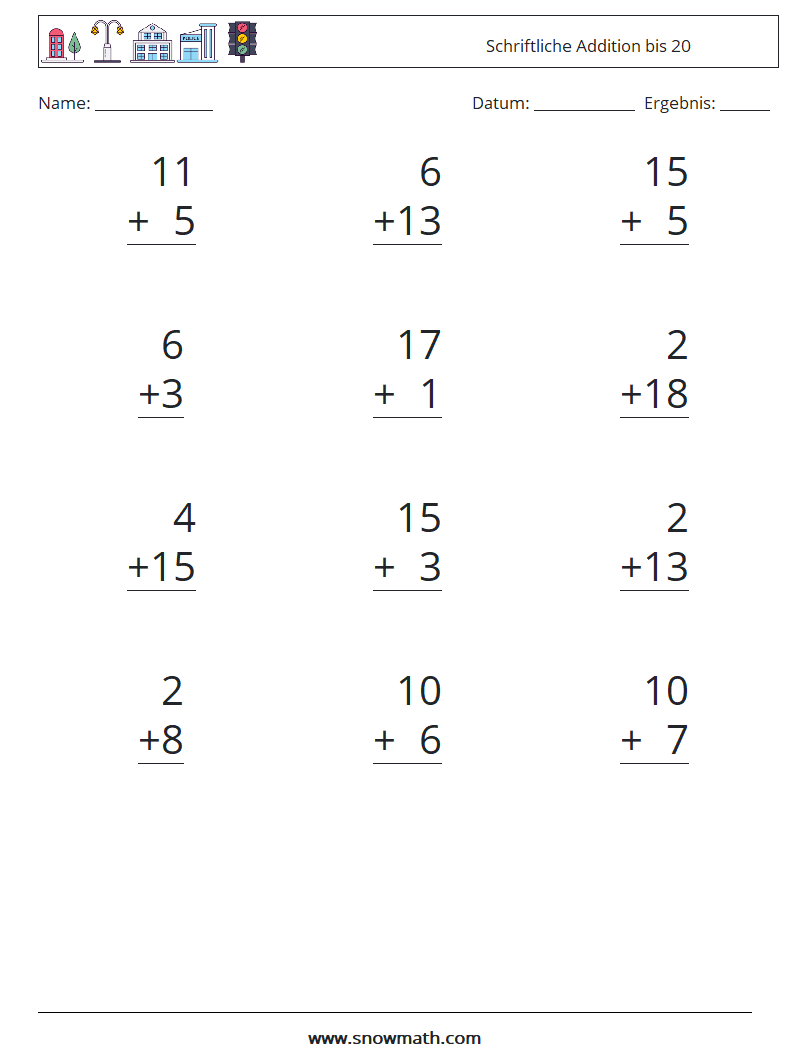 (12) Schriftliche Addition bis 20 Mathe-Arbeitsblätter 5