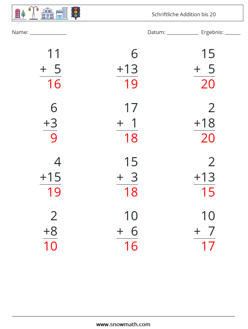 (12) Schriftliche Addition bis 20 Mathe-Arbeitsblätter 5 Frage, Antwort