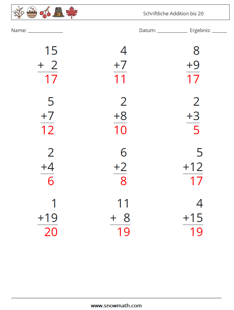 (12) Schriftliche Addition bis 20 Mathe-Arbeitsblätter 6 Frage, Antwort