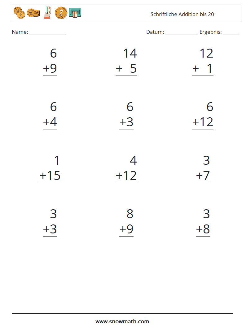 (12) Schriftliche Addition bis 20 Mathe-Arbeitsblätter 7