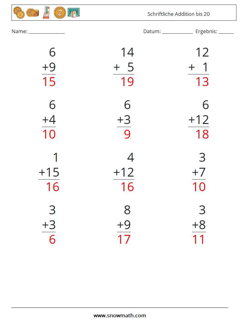 (12) Schriftliche Addition bis 20 Mathe-Arbeitsblätter 7 Frage, Antwort