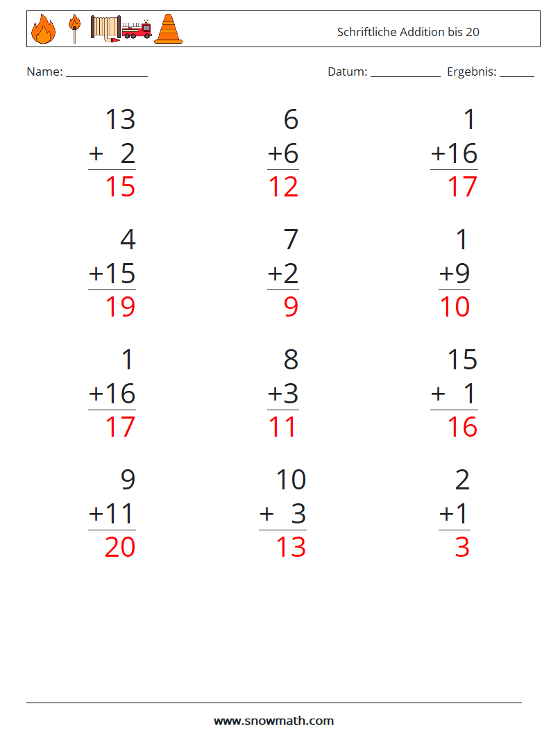 (12) Schriftliche Addition bis 20 Mathe-Arbeitsblätter 8 Frage, Antwort