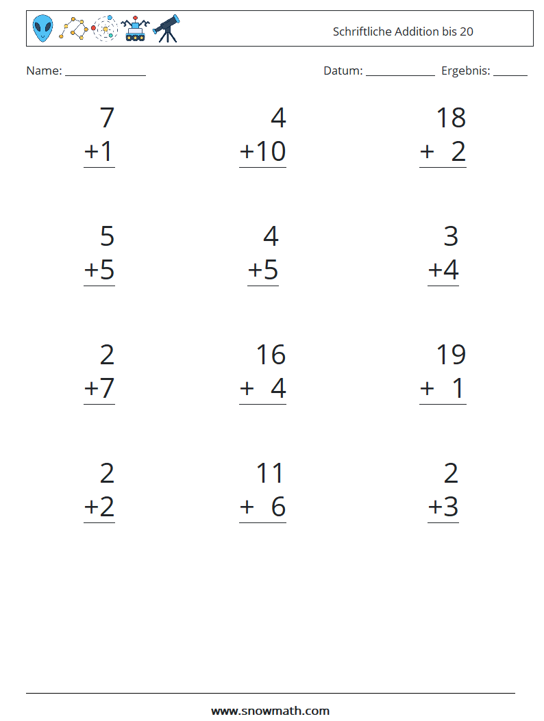 (12) Schriftliche Addition bis 20 Mathe-Arbeitsblätter 9