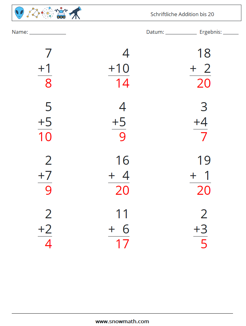 (12) Schriftliche Addition bis 20 Mathe-Arbeitsblätter 9 Frage, Antwort