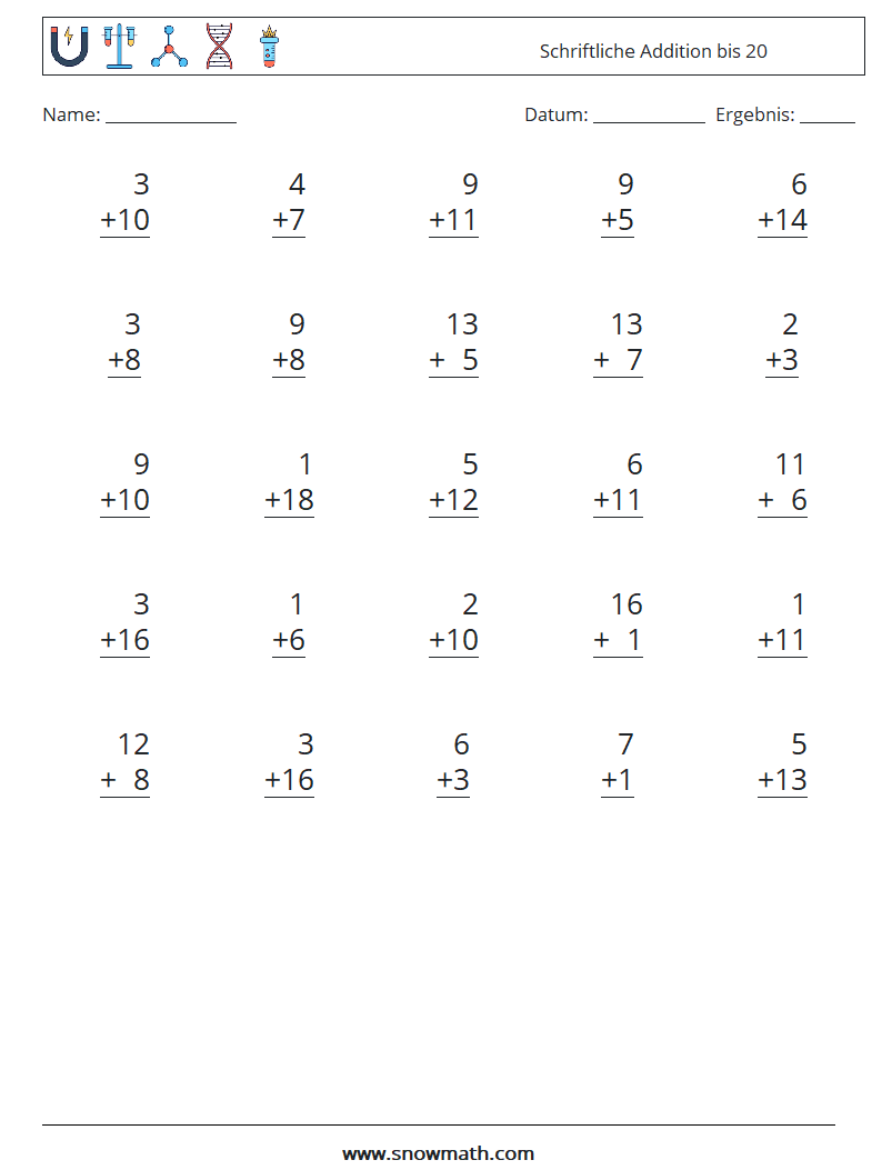 (25) Schriftliche Addition bis 20 Mathe-Arbeitsblätter 1